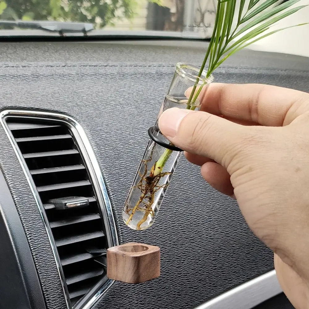 Stable Mini Car Flower Vase Clip Elegant Adjustable Car Vent Flower Vase Walnut and Glass Creative Car Vent Decor Dashboard